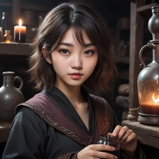 Prompt: 20 year old girl half asian girl with slightly wavy hair and grey eyes and wearing dark academia brewing potions mysterious, magic potions in a dungeon like a western style potions master