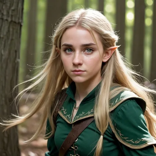 Prompt: elf-like 19 year old female ranger with long thick dirty blonde hair, grey eyes, has a small sad smile and running through the woods