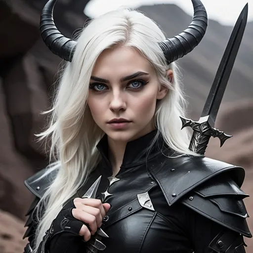 Prompt: 25 year old woman with silvery white hair, purple eyes, natural black horns and black combat clothes, holding a dagger, HD, dramatic