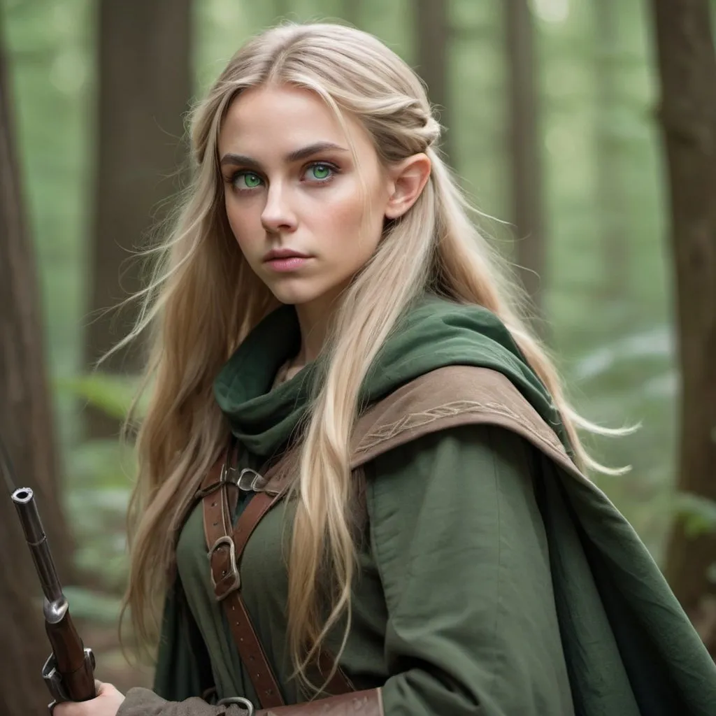 Prompt: 23 year old female elf with long thick dirty blonde hair, grey-green eyes, has a serious look, is a fantasy western-style ranger wearing a cloak and forest-colored clothes, carries weapons 