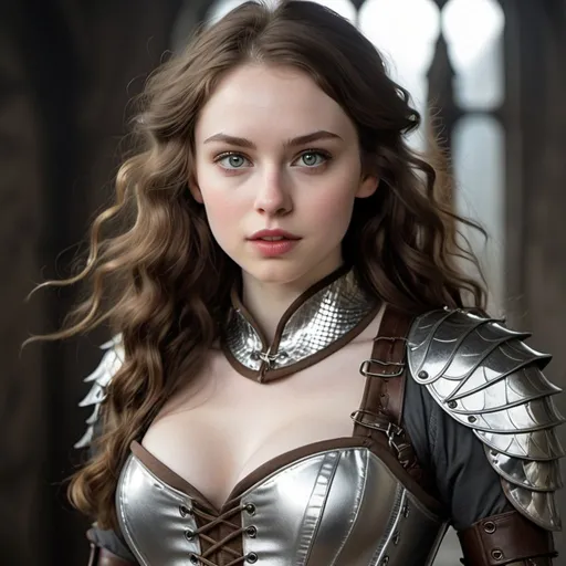 Prompt: 25 year old woman with pale skin, hazel eyes, long wavy brown hair which turns metallic silvery gray at shoulder length. Fighting clothes, dragonscales corset, daggers, HD, fierce