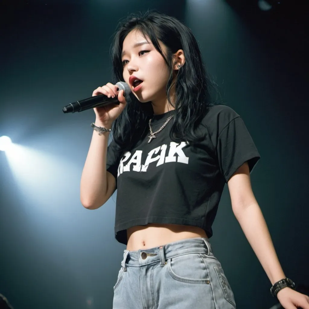 Prompt: 22 year old half-japanese girl with chest-length wavy black hair and in y2k grunge clothing performing a rap concert