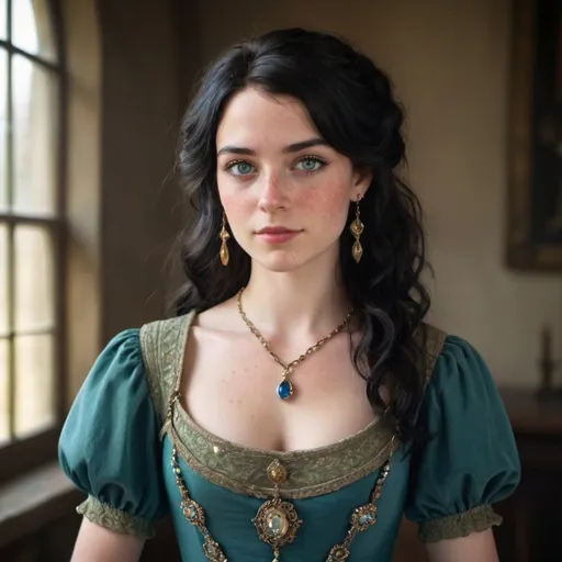Prompt: smug 25 year old charming medieval noble woman with rather wavy black hair, light freckles, hazel-green eyes, and wearing a blue dress and jewelry at a ball
