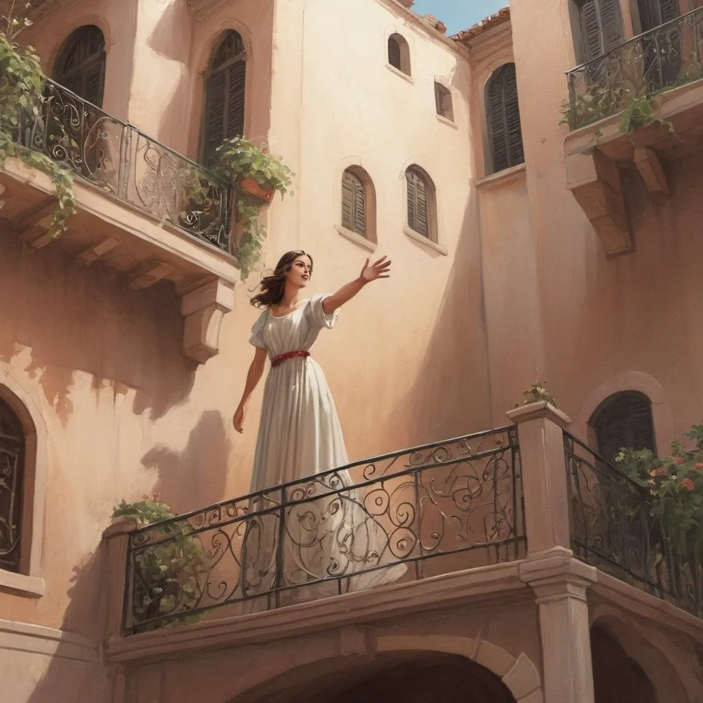 Prompt: book cover for Romeo and Juliet: juliet on the balcony waving at Romeo who waves from ground level, innocence, love