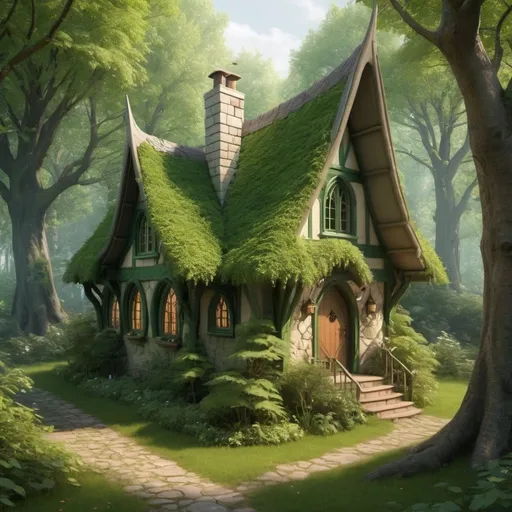 Prompt: a modest charming elvish fantasy cottage in a thick green deciduous forest