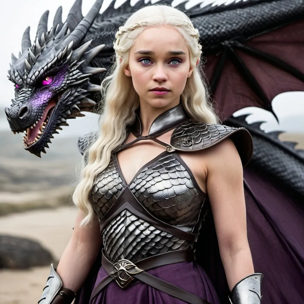 Prompt: Daenerys Targaryen dragon queen: platinum silvery blonde hair, purple eyes, fair skin. silver-black
dragonscale armour on top of flowy dress. 
fastasy, HD, noble, fierce