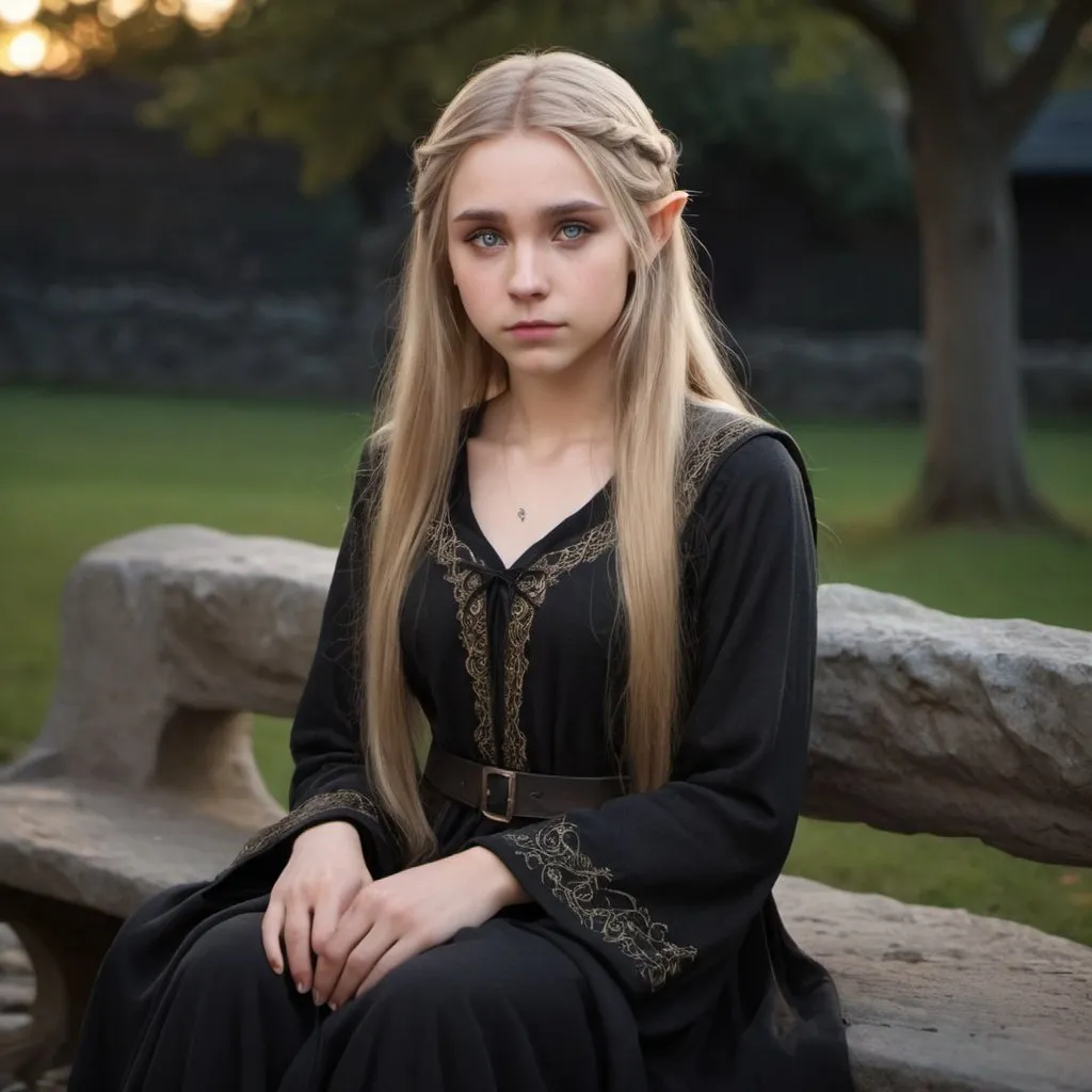 Prompt: elf-like 19 year old female with long thick dirty blonde hair, grey eyes, has a small sad smile, wearing a formal black elvish tunic and sitting on a stone bench at dusk