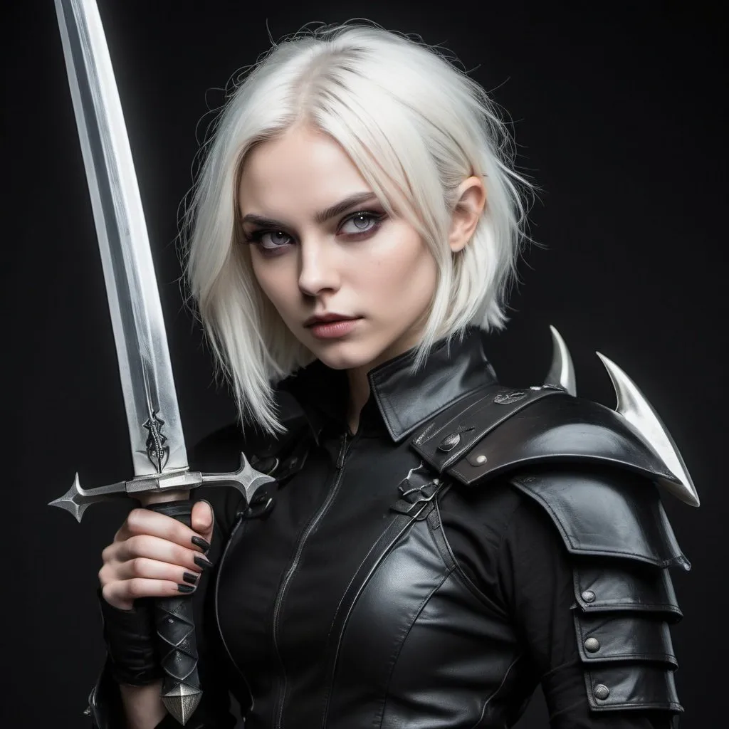 Prompt: 25 year old woman with chin-length silvery white hair, purple eyes, natural black horns and black combat clothes, holding a dagger, fierce, HD, dramatic