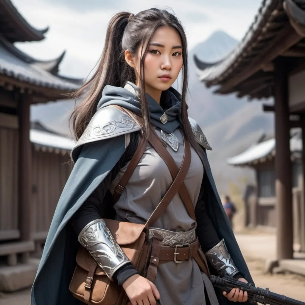 Prompt: asian girl with silver highlights in her long thick hair in a ponytail, is a fantasy ranger wearing a cloak and carries weapons and a messenger bag