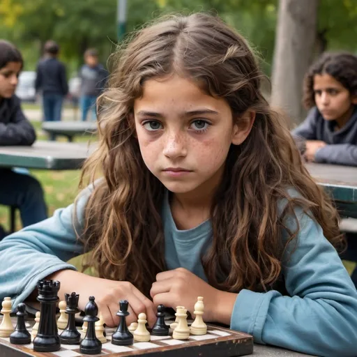 Prompt: 9 year old girl arab girl with fluffy wavy brown hair tied behind her and light freckles. Homeless, playing chess in a park