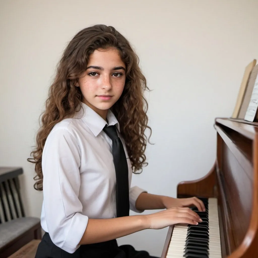 Prompt: 18 year old arab girl with fluffy wavy brown hair and light freckles with a fully neutral but aloof and confident expression playing the piano with erect posture and a uniform