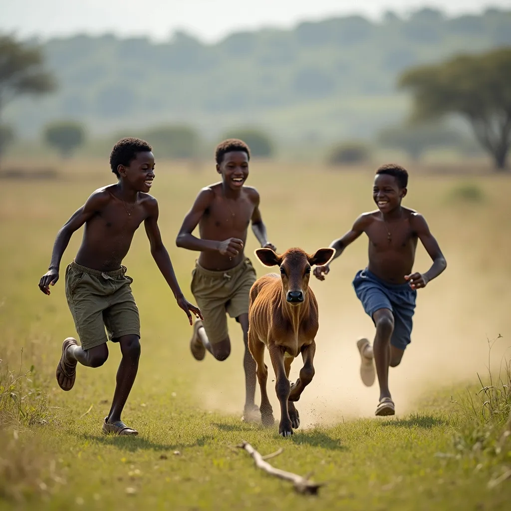 Prompt: Three Young Africans boys chased by a playful yong calf at pastures 