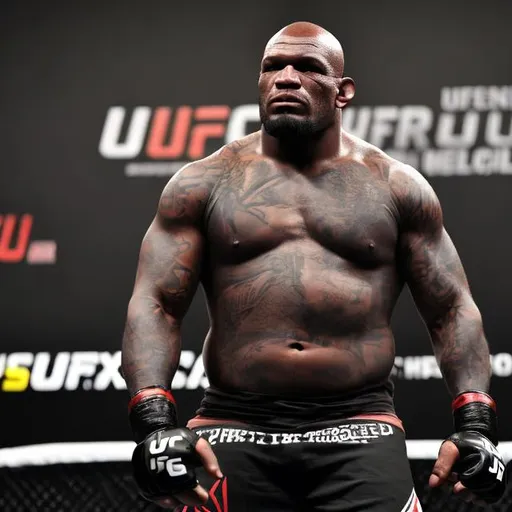 Prompt: a black heavyweight shredded ufc fighter  with tattoos all over his body and wearing shorts with a name JAKOB on it