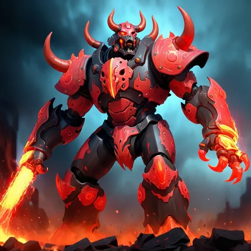 Prompt: A powerful mecha minotaur with a bull skull helmet and massive hoofed legs, surrounded by a furious berserker aura. The aura explodes with chaotic red energy, fiery crimson flames, swirling black smoke, and crackling red lightning bolts. Heat distortions ripple around the body, molten sparks fly off the armor. Glowing red eyes and mechanical circuits pulsing violently, as if overflowing with unstoppable rage. Background filled with embers and heatwaves, giving a brutal, war-forged atmosphere.