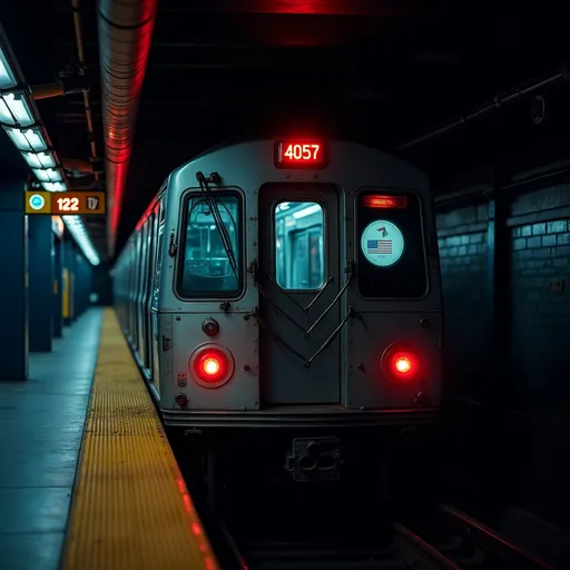 Prompt: This is a photograph of a silver subway train at a dimly lit underground station. The train is positioned centrally, facing the viewer, with its front doors and windows prominently displayed. The train's digital destination sign at the top center reads "4057" in bright orange LED numbers. The front of the train has two circular red lights on either side of the door, and an American flag sticker is visible on the right side window. The train's exterior is sleek and metallic, reflecting the station's artificial lighting.

The platform is on the left side of the image, with a yellow tactile warning strip running parallel to the train tracks. The platform is dark, with red and blue neon lights casting a moody, urban atmosphere. The station's ceiling features exposed red and black pipes, adding to the industrial feel. In the background, there is a yellow sign with the number "122" illuminated in white, indicating the platform number. The overall color palette is dominated by cool blues and reds, with the metallic silver of the train standing out. The photograph captures a moment of stillness in a bustling urban transit environment.