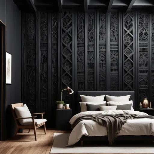 Prompt: make a large black wooden wall with intricate architecture. plank cabin style