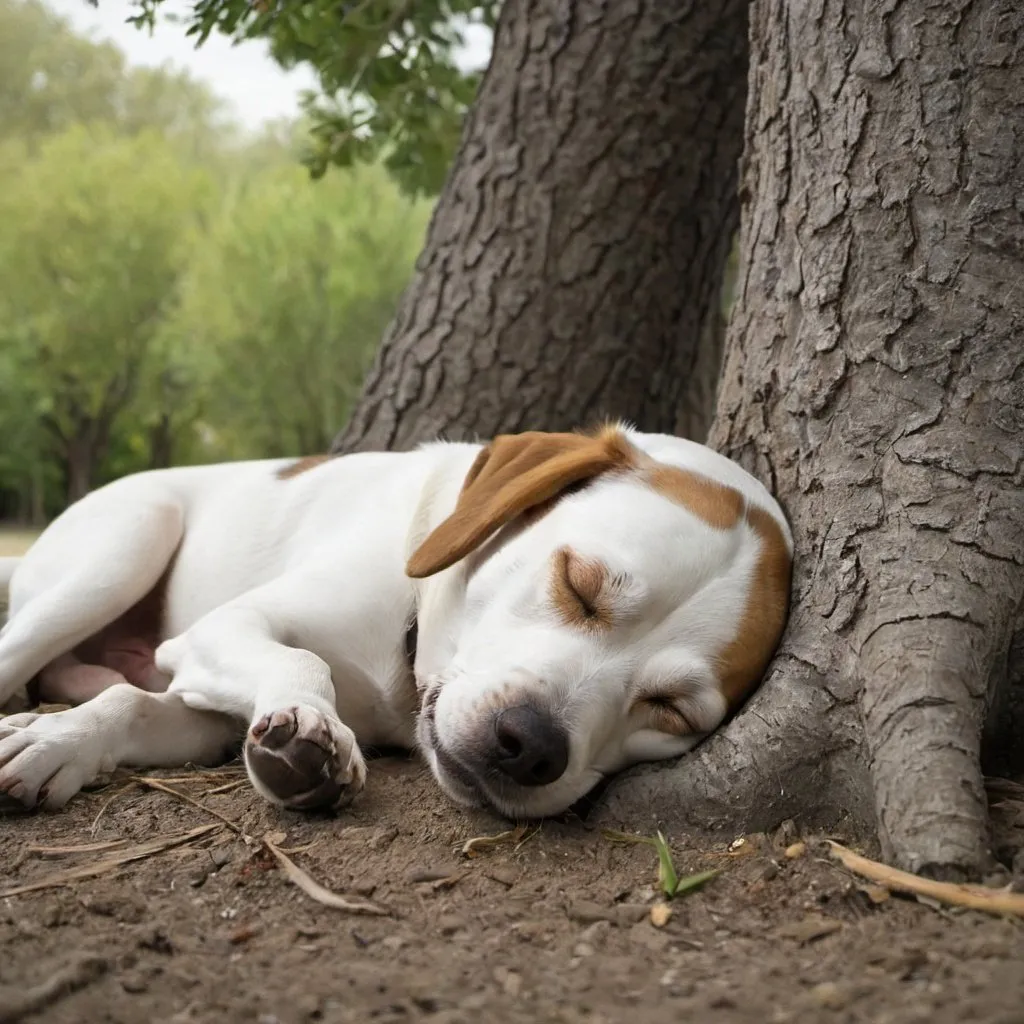 Prompt: a dog is sleeping near a tree