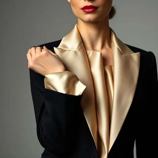 Prompt: A woman model wearing Tuxedo having Silk texture showing her cuffs