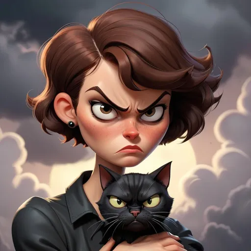 Prompt: cartoon style woman with really short brown hair and a mean frown, dark colors, cloudy holding a black cat