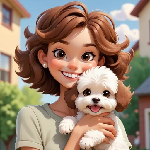 Prompt: cartoon style teen girl with cute short brown hair smiling while holding a white fluffy maltipoo