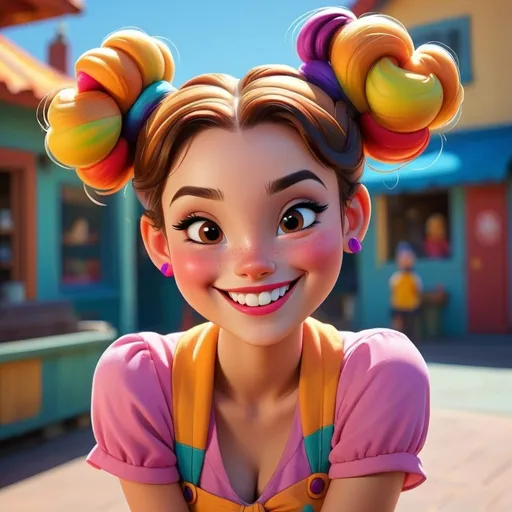 Prompt: Disney style  girl with buns and a happy smile, vibrant colors, sunny