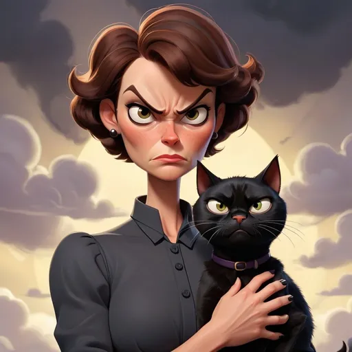 Prompt: cartoon style stepmom  with really short brown hair and a mean frown, dark colors, cloudy holding a black cat