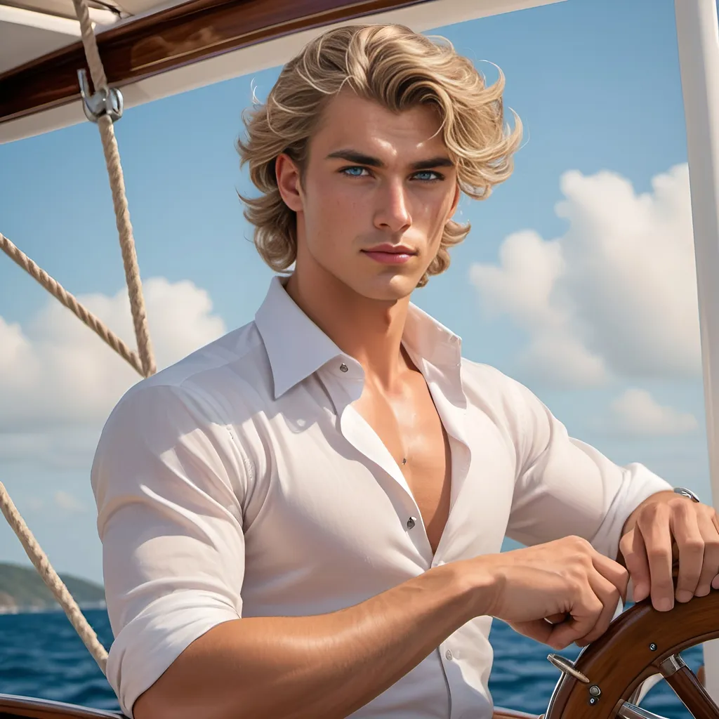 Prompt: The, very good looking, young, male crew member stands tall and confident at the helm of the luxurious yacht, the wind tousling their perfectly styled hair. With chiseled features and a strong jawline, their piercing blue eyes command attention as they navigate the azure waters in pin-up style.