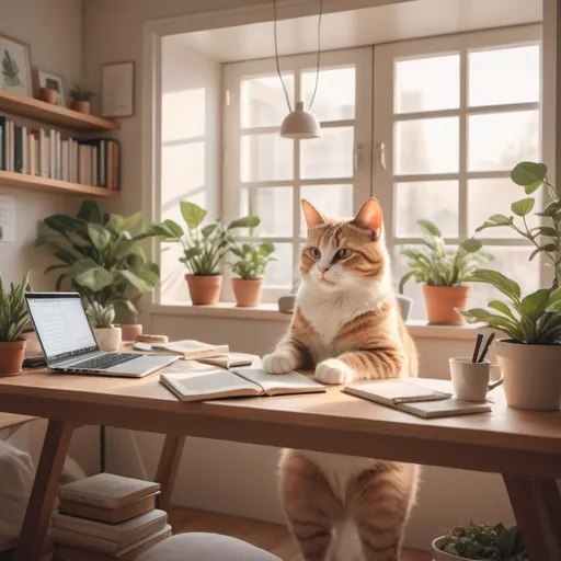 Prompt: Draw of Woman working remotely from home with a cat over the table
