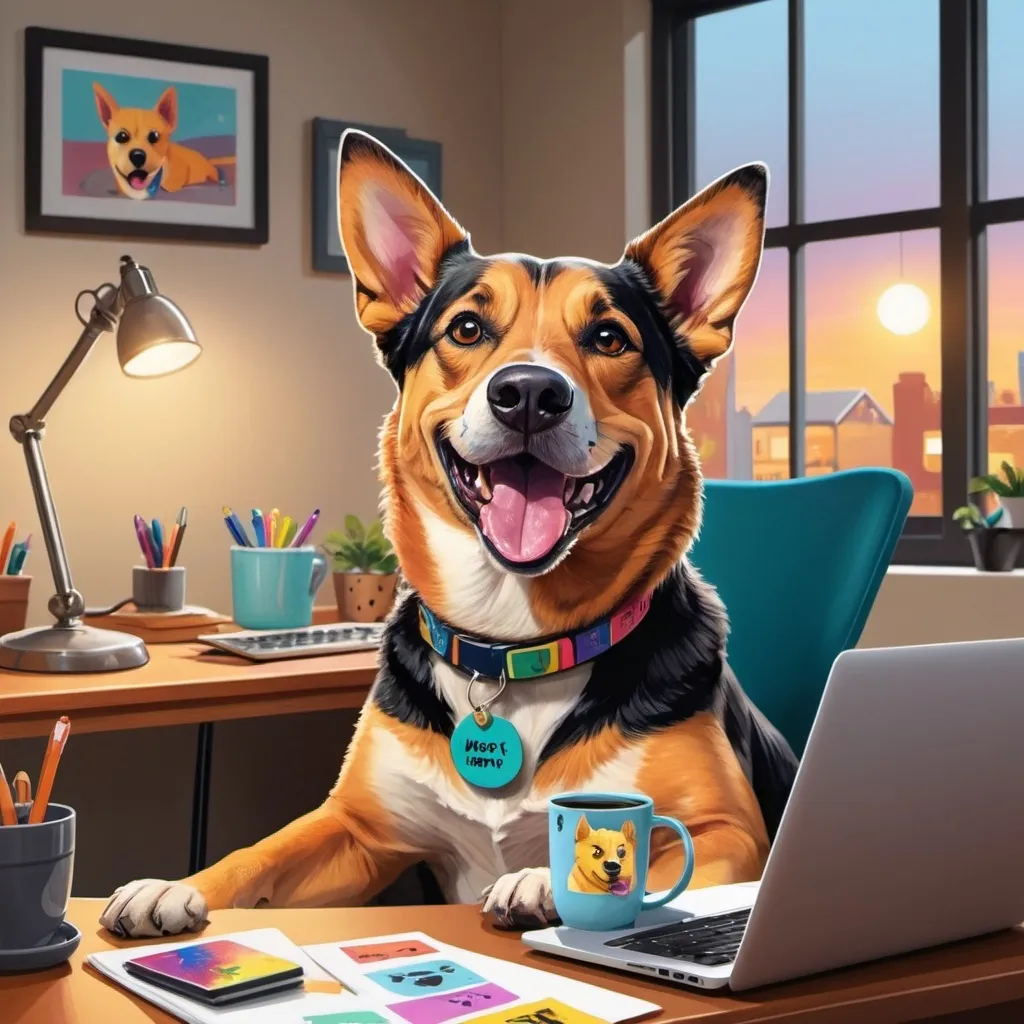 Prompt: Draw of a dog with a sarcastic smile working remotely from home
