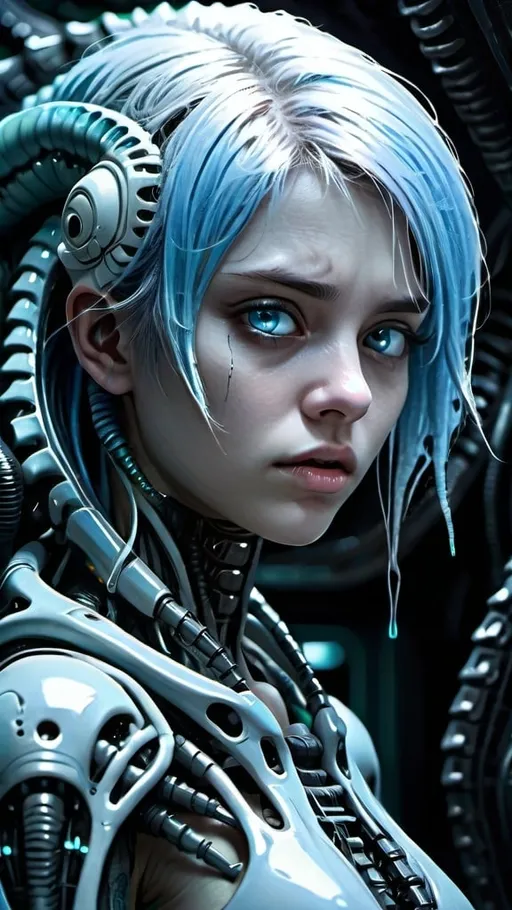 Prompt: Anime girl with icy blue hair, cybernetic enhancements, hiding from Xenomorph dinosaur, intense and scary, dark fantasy, H R Giger art style, highres, detailed, cyberpunk, dark tones, futuristic, intense lighting, detailed eyes, professional, atmospheric