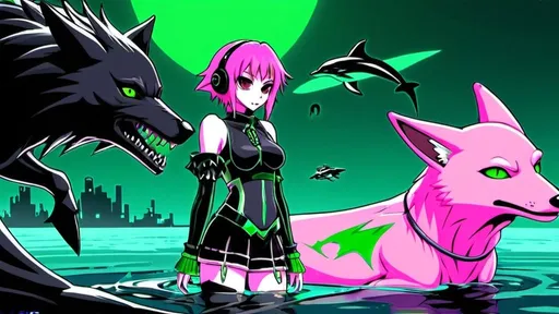 Prompt: Anime, elf girl, Machine Girl, Net Art, Pink Wolf, Dog, scary, Horror, Hardcore, Dolphin, PC88, Dark, saturated colors, Cybernetic, Green hair, Goth clothes, Dreamcast, large chest, Melancholy, dark fantasy, Dark Souls, cute, kawaii, computer, 