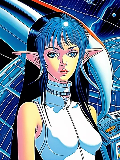 Prompt: <mymodel> 90's Anime depiction of a melancholic elf girl with cybernetic enhancements, featuring a classic anime machine girl with goth clothes and midnight blue hair, dreamy and spacey, dark fantasy with saturated colors, detailed white dolphin with icy blue eyes, Dolphin in background, sega dreamcast vibes, cute, large chest, 