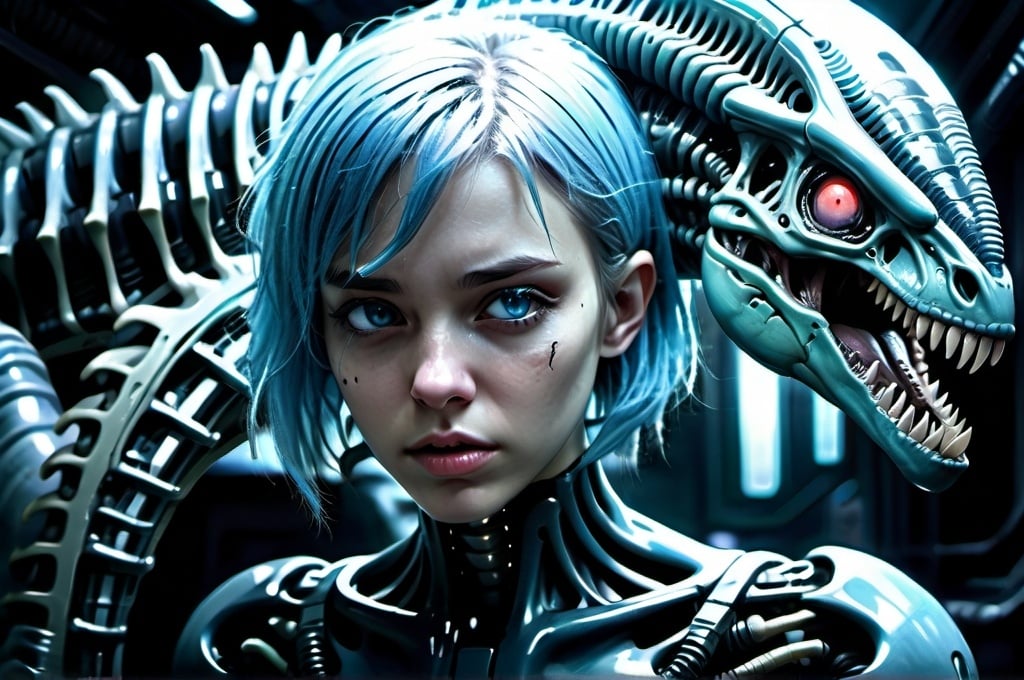 Prompt: Anime girl with icy blue hair, cybernetic enhancements hiding from Xenomorph dinosaur, intense and scary, dark fantasy, H R Giger art style, highres, detailed, cyberpunk, dark tones, futuristic, intense lighting, detailed eyes, professional, atmospheric