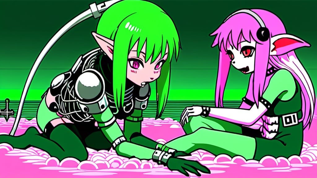 Prompt: Anime, elf girl, Machine Girl, Net Art, Pink Wolf, Dog, scary, Horror, Hardcore, Dolphin, PC88, Dark, saturated colors, Cybernetic, Green hair, Goth, Dreamcast, larg chest, Melancholy, dark fantasy, Dark Souls, cute, kawaii