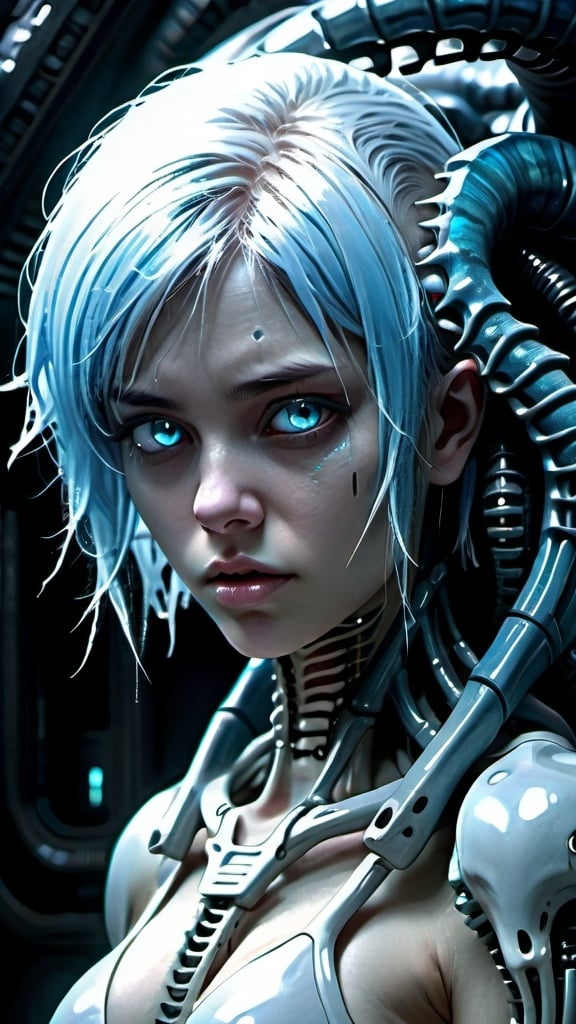 Prompt: Anime girl with icy blue hair, cybernetic enhancements, hiding from Xenomorph dinosaur, intense and scary, dark fantasy, H R Giger art style, highres, detailed, cyberpunk, dark tones, futuristic, intense lighting, detailed eyes, professional, atmospheric