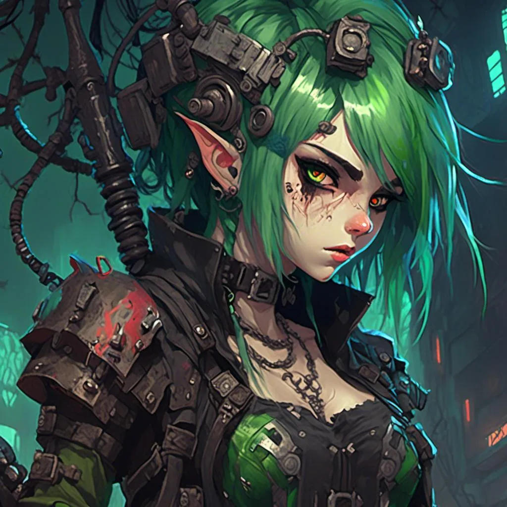 Prompt: <mymodel>DemonPunk Anime depiction of a melancholic elf girl with cybernetic enhancements, featuring a machine girl with goth clothes and green hair, intense and scary, horror style, dark fantasy with saturated colors, detailed wolf, PC88 inspired, Dreamcast vibes, highres, ultra-detailed, dark tones, cybernetic, kawaii, large chest, net art, cute, professional, atmospheric lighting