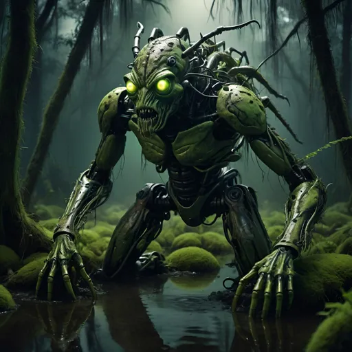 Prompt: A photo of insectoid swamp monster in a robotic swamp, dark, scarry, abstract, hyper realism, 8k, deep greens, fantasy, muscular, mossy, textured, night time,