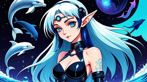 Prompt: 90's Anime depiction of a melancholic elf girl with cybernetic enhancements, featuring a classic anime machine girl with goth clothes and midnight blue hair, dreamy and spacey, dark fantasy with saturated colors, detailed white dolphin with icy blue eyes, Dolphin in background, sega dreamcast vibes, cute, large chest, 