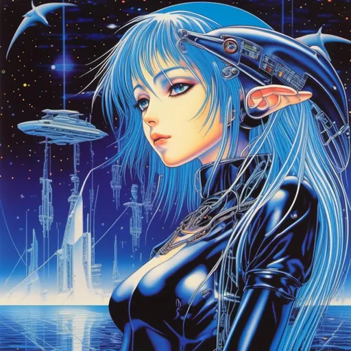 Prompt: <mymodel> 90's Anime depiction of a melancholic elf girl with cybernetic enhancements, featuring a classic anime machine girl with goth clothes and midnight blue hair, dreamy and spacey, dark fantasy with saturated colors, detailed white dolphin with icy blue eyes, Dolphin in background, sega dreamcast vibes, cute, large chest, 