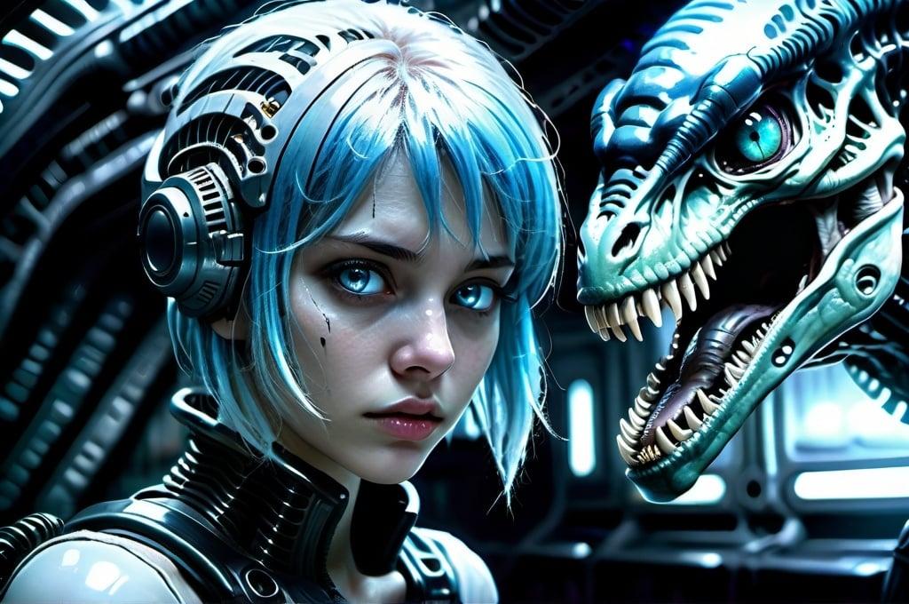 Prompt: Anime girl with icy blue hair, cybernetic enhancements hiding from Xenomorph dinosaur, intense and scary, dark fantasy, H R Giger art style, highres, detailed, cyberpunk, dark tones, futuristic, intense lighting, detailed eyes, professional, atmospheric