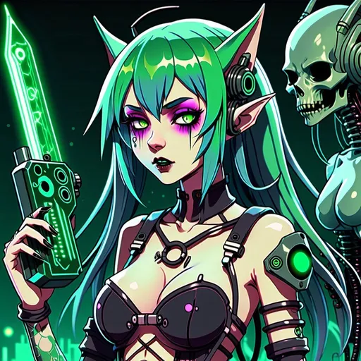 Prompt: Anime depiction of a melancholic elf girl with cybernetic enhancements, featuring a machine girl with goth clothes and green hair, intense and scary, hardcore horror style, dark fantasy with saturated colors, detailed wolf and dolphin, PC88 inspired, Dreamcast vibes, highres, ultra-detailed, dark tones, cybernetic, kawaii, large chest, net art, cute, professional, atmospheric lighting