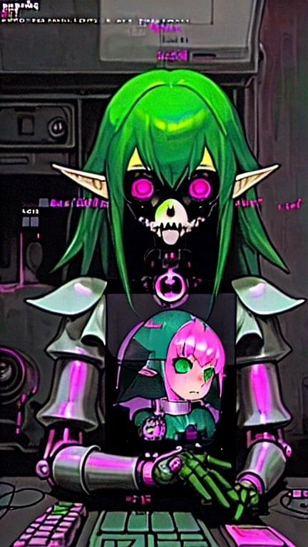 Prompt: Anime, elf girl, Machine Girl, Net Art, Pink Wolf, Dog, scary, Horror, Hardcore, Dolphin, PC88, Dark, saturated colors, Cybernetic, Green hair, Goth clothes, Dreamcast, large chest, Melancholy, dark fantasy, Dark Souls, cute, kawaii, computer, 