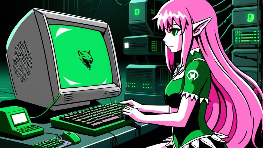 Prompt: Anime, elf girl, Machine Girl, Net Art, Pink Wolf, Dog, scary, Horror, Hardcore, Dolphin, PC88, Dark, saturated colors, Cybernetic, Green hair, Goth clothes, Dreamcast, large chest, Melancholy, dark fantasy, Dark Souls, cute, kawaii, computer, 