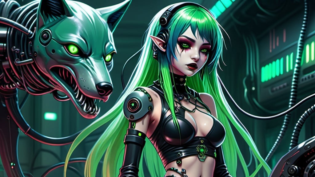 Prompt: Anime depiction of a melancholic elf girl with cybernetic enhancements, featuring a machine girl with goth clothes and green hair, intense and scary, hardcore horror style, dark fantasy with saturated colors, detailed wolf and dolphin, PC88 inspired, Dreamcast vibes, highres, ultra-detailed, dark tones, cybernetic, kawaii, large chest, net art, cute, professional, atmospheric lighting