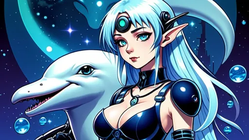 Prompt: 90's Anime depiction of a melancholic elf girl with cybernetic enhancements, featuring a classic anime machine girl with goth clothes and midnight blue hair, dreamy and spacey, dark fantasy with saturated colors, detailed white dolphin with icy blue eyes, Dolphin in background, sega dreamcast vibes, cute, large chest, 