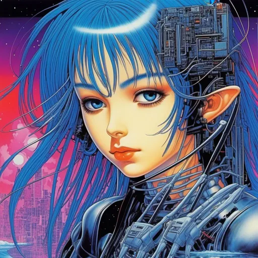 Prompt: <mymodel> 90's Anime depiction of a melancholic elf girl with cybernetic enhancements, featuring a classic anime machine girl with goth clothes and midnight blue hair, dreamy and spacey, dark fantasy with saturated colors, detailed white dolphin with icy blue eyes, Dolphin in background, sega dreamcast vibes, cute, large chest, 