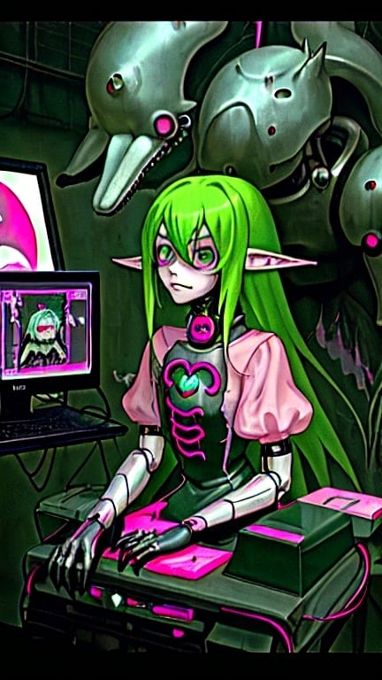 Prompt: Anime, elf girl, Machine Girl, Net Art, Pink Wolf, Dog, scary, Horror, Hardcore, Dolphin, PC88, Dark, saturated colors, Cybernetic, Green hair, Goth clothes, Dreamcast, large chest, Melancholy, dark fantasy, Dark Souls, cute, kawaii, computer, 