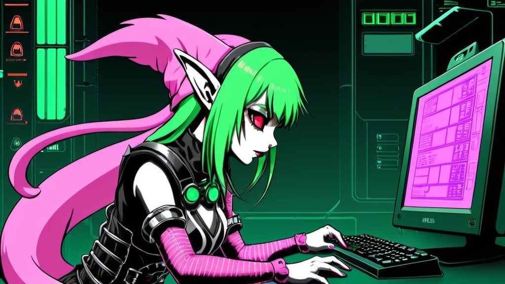 Prompt: Anime, elf girl, Machine Girl, Net Art, Pink Wolf, Dog, scary, Horror, Hardcore, Dolphin, PC88, Dark, saturated colors, Cybernetic, Green hair, Goth clothes, Dreamcast, large chest, Melancholy, dark fantasy, Dark Souls, cute, kawaii, computer, 