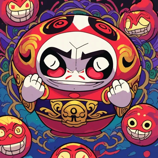 Prompt: <mymodel>Professional, mischievous daruma doll with evil mustache, vibrant colors, detailed features, high quality, vibrant, evil, mischievous, daruma doll, professional, detailed, vibrant colors, detailed features, traditional, atmospheric lighting