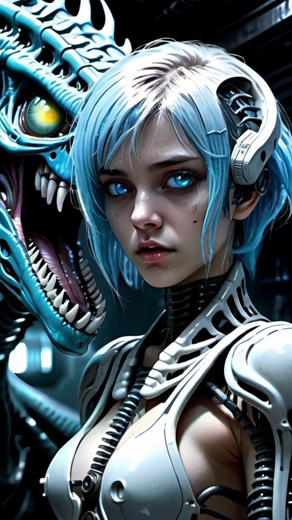 Prompt: Anime girl with icy blue hair, cybernetic enhancements, hiding from Xenomorph dinosaur, intense and scary, dark fantasy, H R Giger art style, highres, detailed, cyberpunk, dark tones, futuristic, intense lighting, detailed eyes, professional, atmospheric